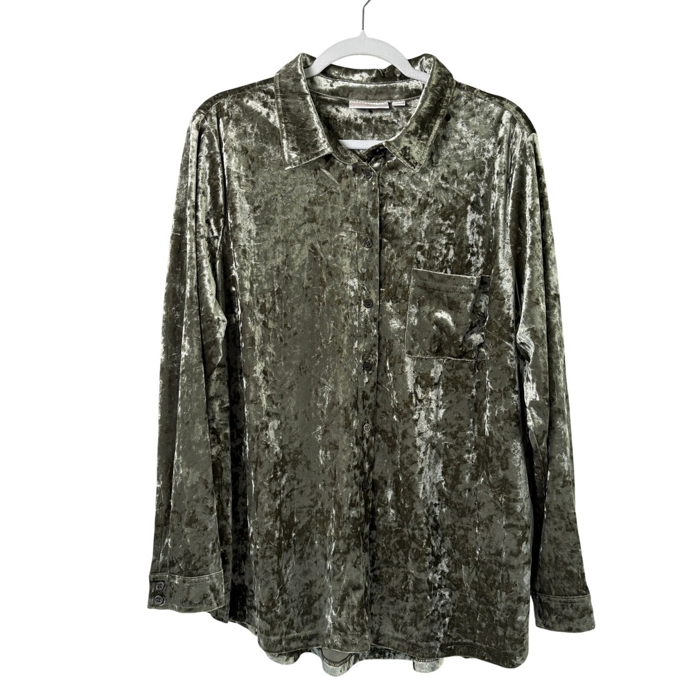 Belle by Kim Gravel Crushed Velvet Button Up Shirt Size XL Green Pockets A388508